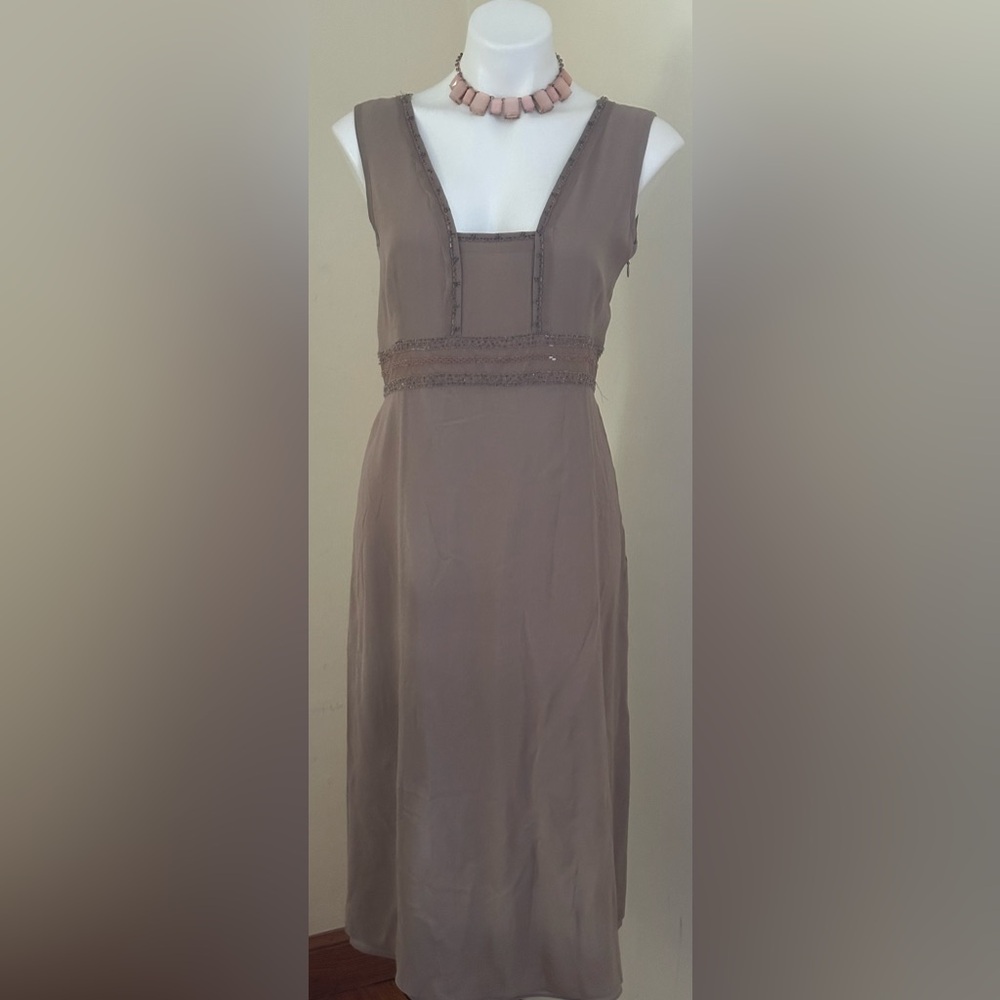 CALVIN KLEIN Delicate Beaded SheerTaupe Dress. Square Neck Line Sz 12. 100% Silk